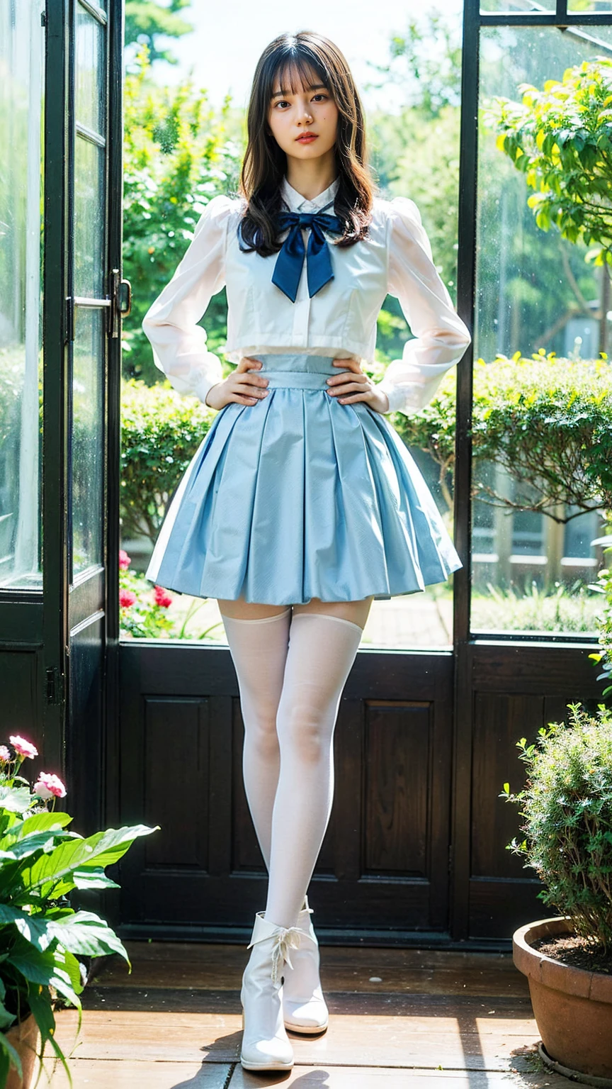 (8k、RAW Photos、Highest quality、masterpiece:1.2)、(Realistic、Realistic)、1 girl、((White Mini Skirt、one piece、See-through、Frilledium Hair、Pretty Cure Costume、See through、tights、ribbon、boots、Accentuate your breasts、whole body、garden、View from the front、Looking into the camera、Stand with hands on hips))、