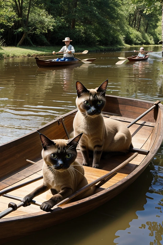 Siamese cat rowing a rowboat down a wood Creek