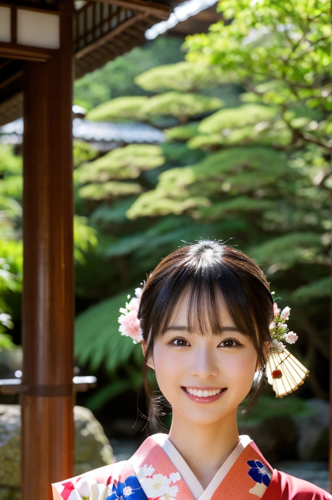 8k、High definition、Ultra Detail、Photorealistic、High resolution、Realistic and accurate depiction、Realistic and accurate human anatomy、Highest quality、Japanese women 、beautiful girl、(((JPGND))), (((kimono))), ((Highest quality、8k傑作:1.3))、(Super beautiful face:1.0)、(Glowing Skin:1.0)、Realistic photos、Perfect dynamic composition, Video Lighting、High resolutionの目と顔、1 Japanese girl, Pure beauty, cute, elegant, kimono, smile, ,A long-established inn in Kyoto, Japanese garden, Luxurious Japanese-style room, 振り返ってsmile