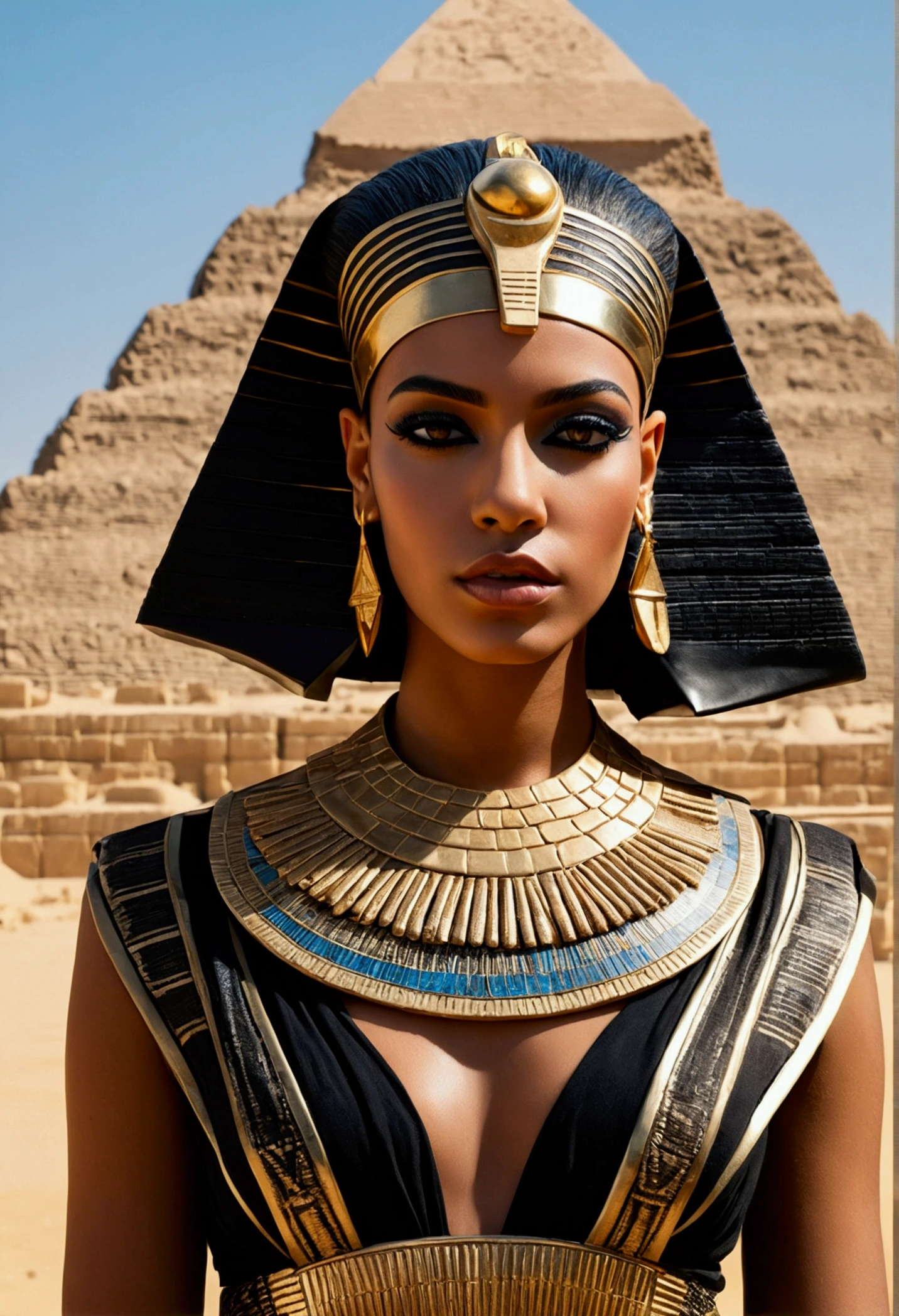 Hyper realistic photoshoot black woman model vogue fashion magazine cover inspired by egyptian goddess modern days realistic skin hair face posing cleopatra Egyptian pyramids realistic person with goth fashion detailed revealing clothing