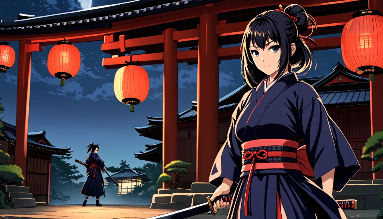 "Samurai woman with a long katana, set at night with a shrine in the background."