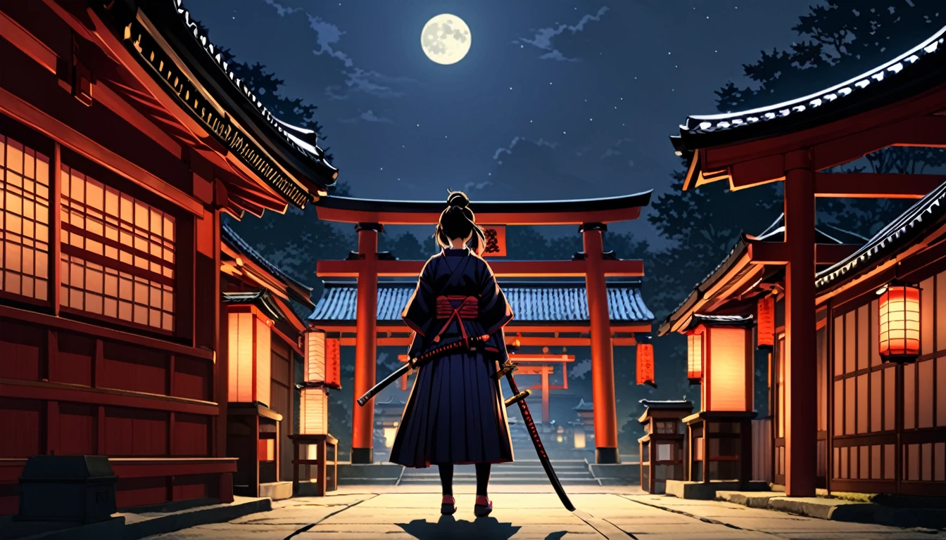 "Samurai woman with a long katana, set at night with a shrine in the background."