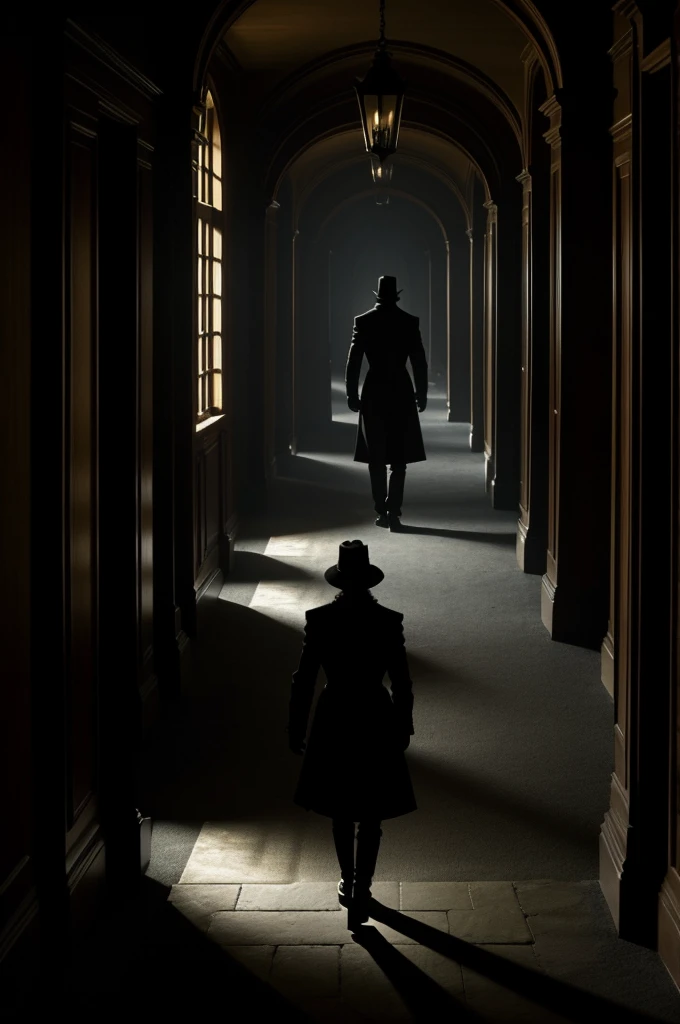 Unseen Presence:A hallway inside the manor with dim lighting and cold spots. Shadowy figures or faint silhouettes are barely visible, giving the impression of unseen eyes watching. The atmosphere feels tense and unsettling.