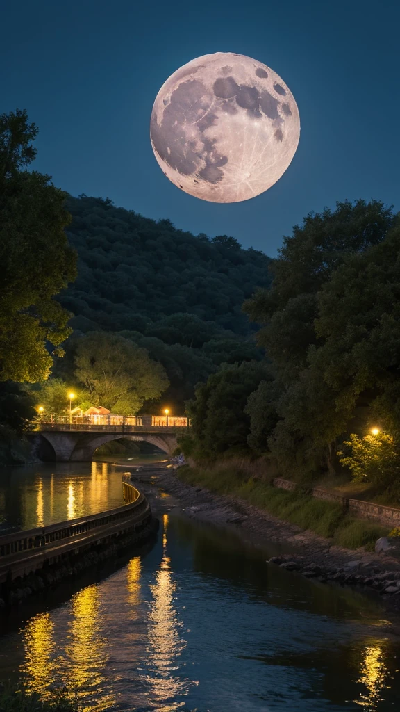 Looking at the moon　countryside　night　river