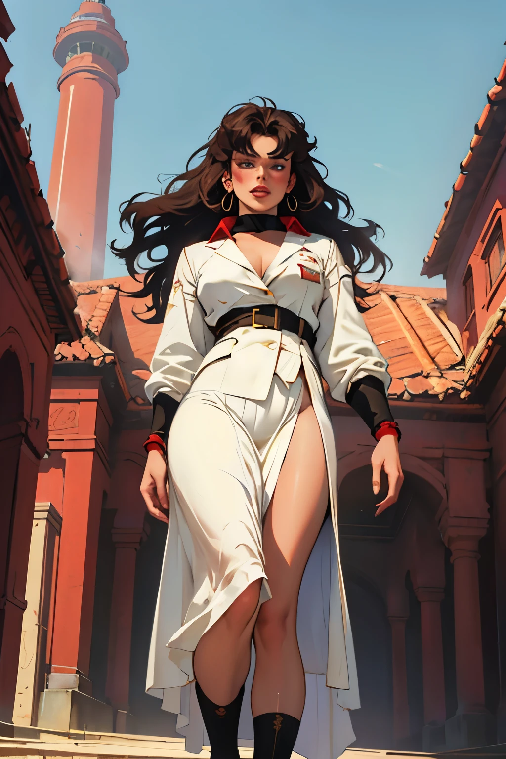 Kelly LEBROCK dressed full-length from the movie "Oh That Science 1985", art by Vasily Vereshchagin, View of the girl from below, Kelly's gaze looks down 