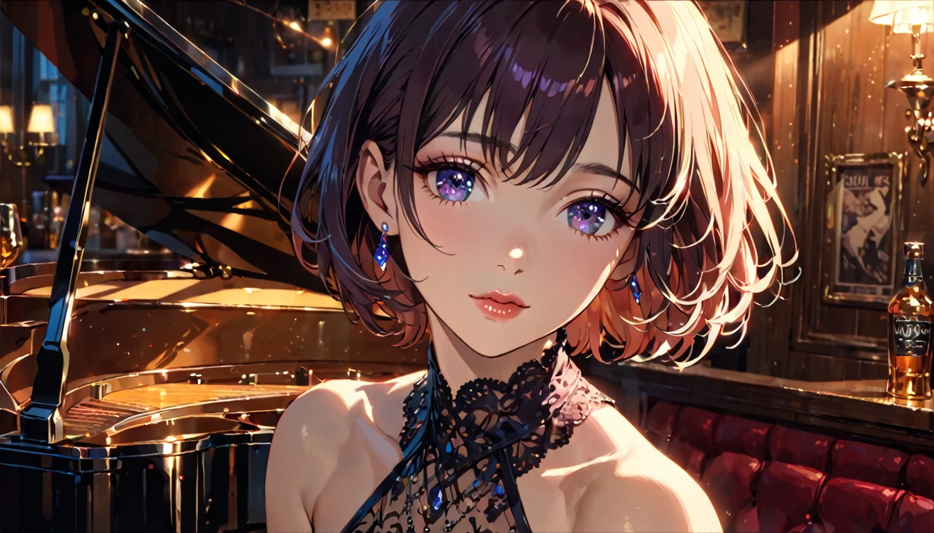 a beautiful woman singing at an irish pub, leaning on a grand piano in a sexy dress, short hair, ghibli-like art style, detailed portrait, beautiful detailed eyes, beautiful detailed lips, extremely detailed eyes and face, long eyelashes, chiaroscuro lighting, dramatic lighting, warm color palette, high quality, 8k, photorealistic, masterpiece, cinematic, dramatic