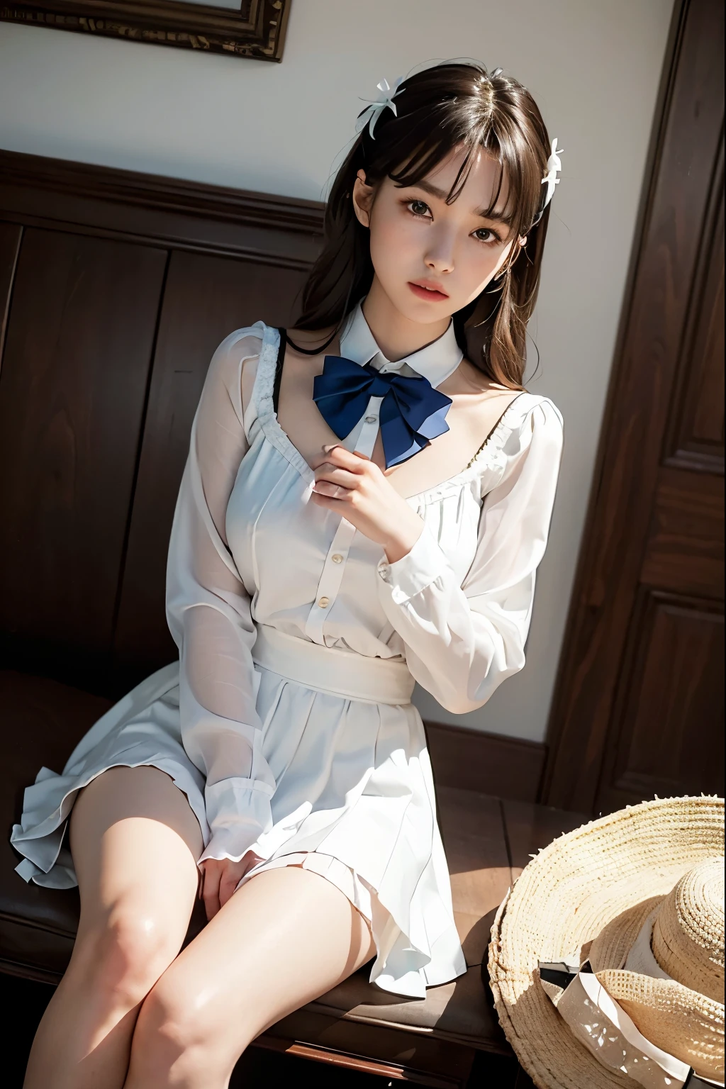 High Quality, Masterpiece, Highly Detailed, High Resolution, 4K, Ultra High Definition, Detailed Shadows, Ultra Realistic, Dramatic Lighting, 1girl, Solo, Detailed Face, Realistic Eyes, Realistic Skin, Dynamic Hair, Dynamic Pose, Dynamic Angle, White Flower Dress, White Background, ulzzang-6500-v1.1, (raw Photo:1.2), ( photorealistic:1.4), beautiful detailed girl, very detailed eyes and face, beautiful detailed eyes, ridiculous, incredibly ridiculous, huge file size, super detailed, high resolution, very detailed, best quality, (Bright indoor), (soft light), (low contrast), (shallow depth of field), (portrait of a beautiful woman illuminated by gentle light), (extremely delicate and elegant depiction), (short length bangs), (hair color is a dark chestnut shade with a slight brown tone), (hair with a subtle and gentle wave), (small braids intricately woven on the side of long hair), (adorned with a thin ribbon), ( white blouse with small frills), (bow tie), (blue long skirt), (white short ankle socks), illustration, very detailed, CG, unified, 8k wallpaper, amazing, fine detail, best quality, Very detailed CG unified 8k wallpaper, face light, movie lighting, 1girl, 16 years old, ((no panties)), ((dynamic pose))), (camel toe), (half), (bent knees and legs sitting))
