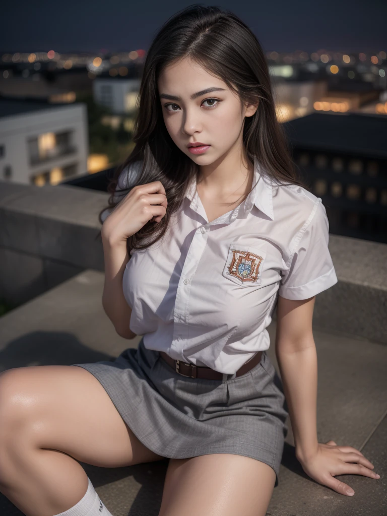 1girl, (uniform), sits with her legs pressed to her chest, detailed night view of Metropolitan city at the background, detailed face, detailed eyes, brunette, big breasts, smooth realistic skin, semi-curvy body, white shirt, grey blue hot miniskirt , looking at the audience, Full body shot, camera from above, (overhead view:1.4), (zoom out:1.4), (8k, RAW photo, best quality, masterpiece: 1.2), (realistic, realistic: 1.37), ultra-high resolution