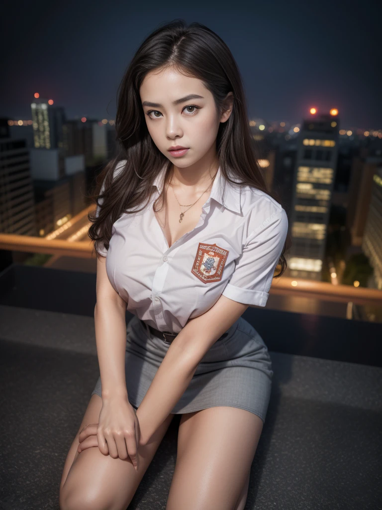 1girl, (uniform), sits with her legs pressed to her chest, detailed night view of Metropolitan city at the background, detailed face, detailed eyes, brunette, big breasts, smooth realistic skin, semi-curvy body, white shirt, grey blue hot miniskirt , looking at the audience, Full body shot, camera from above, (overhead view:1.4), (zoom out:1.4), (8k, RAW photo, best quality, masterpiece: 1.2), (realistic, realistic: 1.37), ultra-high resolution