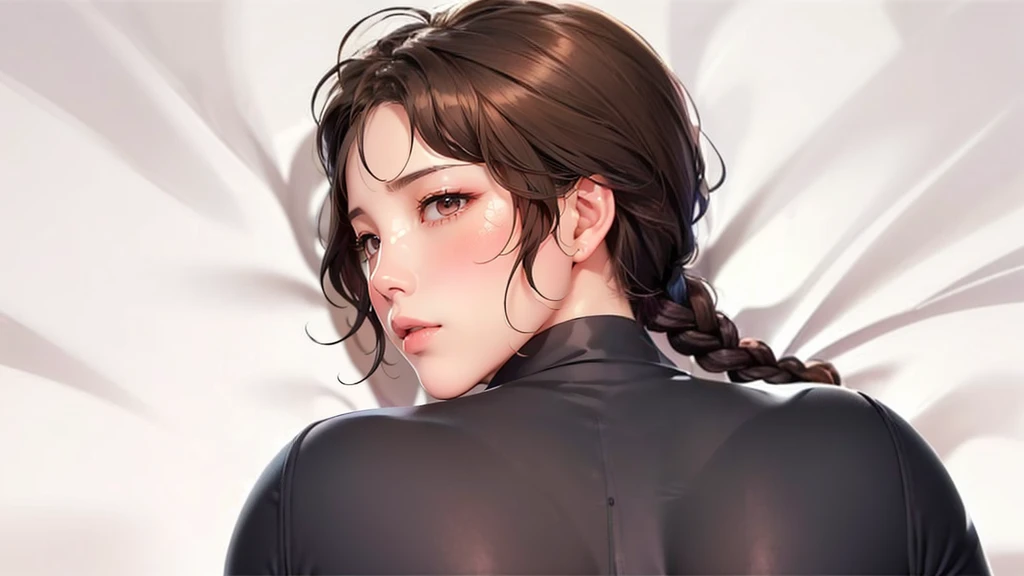 (((Perfect body,White and tender skin,(((Purple yoga suit,Purple yoga pants,yujiasuit, yoga pants, yoga long sleeves,))),(((Ajumma,brown eyes, braid, long hair, braided ponytail, single braid, hair over shoulder, bangs, blush, lips))),((masterpiece)),highres,((Best quality at best)),masterpiece,quality,Best quality,((( Exquisite facial features,Looking at the audience,There is light in the eyes,(((blush,Smile))),A girl was lying on the ground, with a plump buttocks from behind, looking back at the audience. A man was holding onto the girl's buttocks with both hands))),(((Light and shadow,Huge breasts,))),(((Looking at the camera,black background,)))),