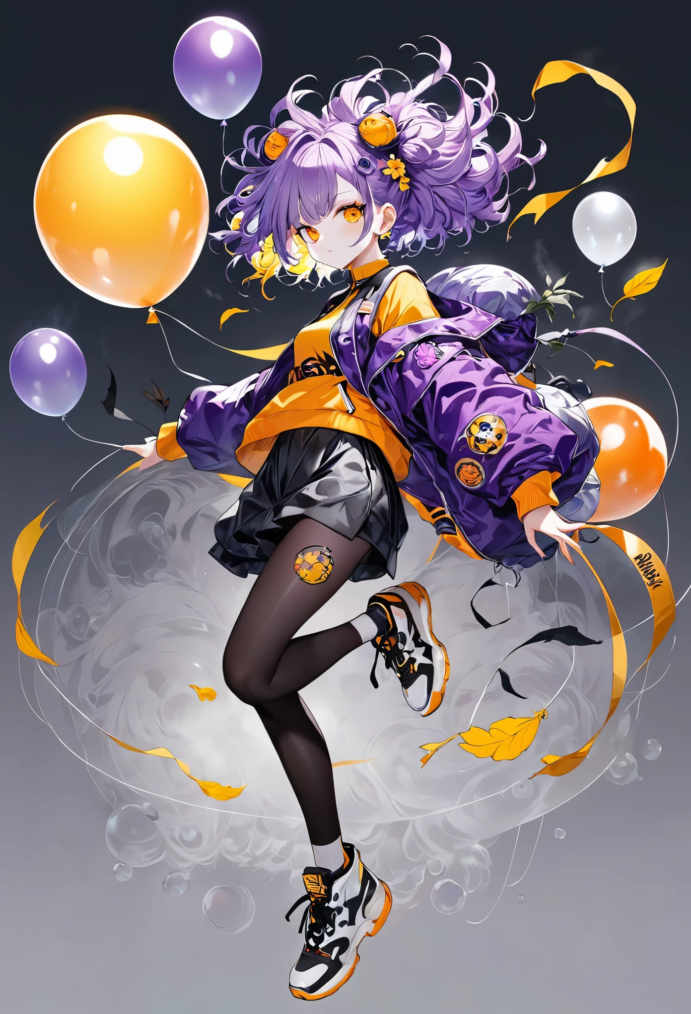 ((plano general, Whole body:1.6)), purple: 1.5, orange: 1.1, white: 1.3, yellow: 1.3, (rapper girl with scary hair), tattoos, (Power Balloon Clothing: 1.2), flower, leaves, born in the fog, lines, background circles, action pose, 32K.
