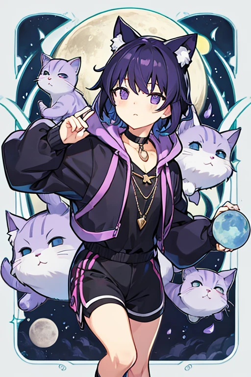 man, gay, short hair bank, purple cat hood, moon necklace, shorts negros 