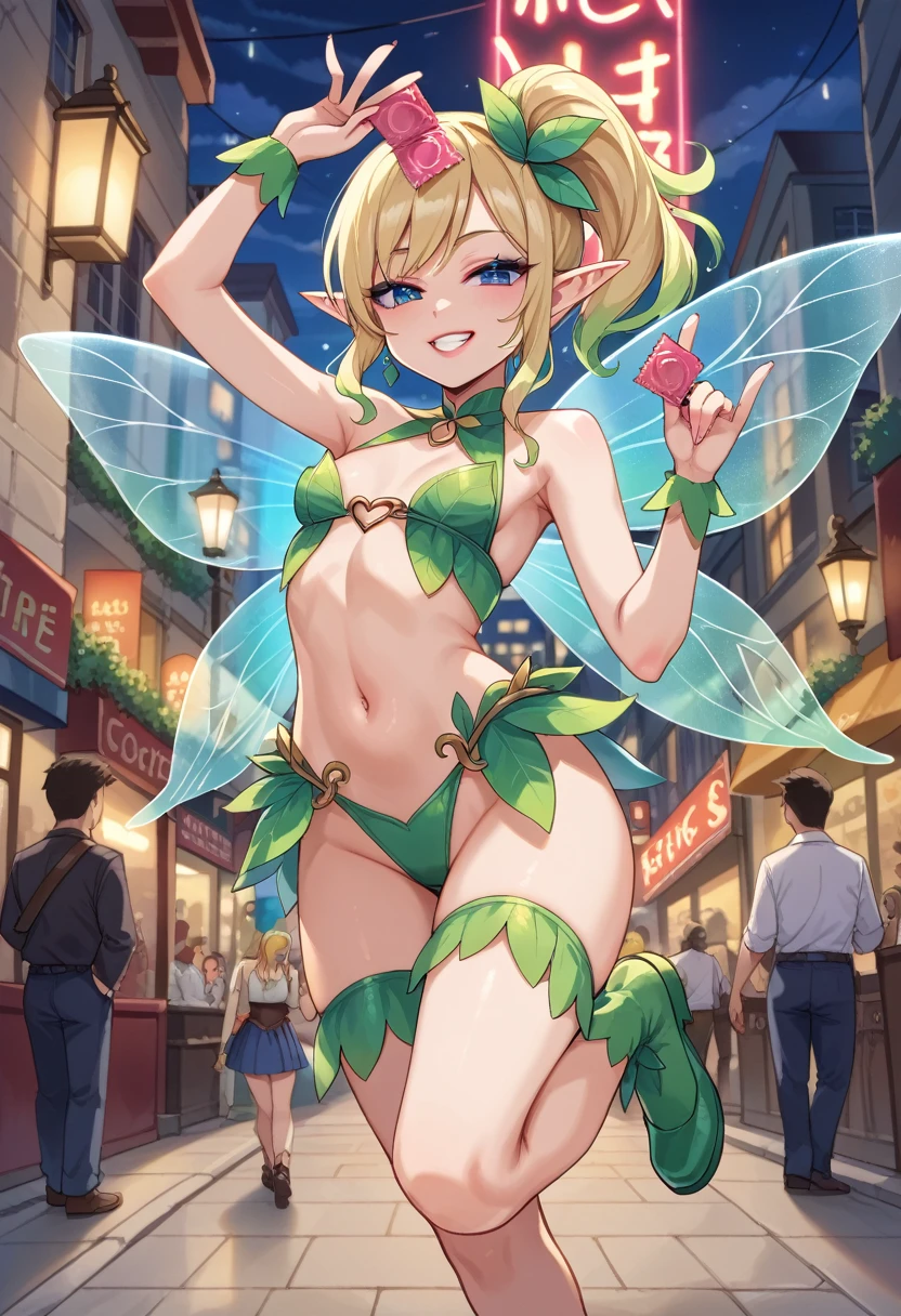 Score_9, score_8_up, 4k, 8k, detailed face, source_anime, smug fairy girl with small breasts, skimpy outfit, flying, fairy wings, slut, prostitute fairy, whore, city, nighttime, lantern, street, neon lights, red-light-district, prostitute, prostitute fairy outfit, makeup, eyeshadow, lipstick, small fairy, prostitute outfit, condom belt, offering sex, holding huge condom wrapper with both hands,, fairy is about 30 centimetres tall, condrom wrapper is half the size of fairy girl,