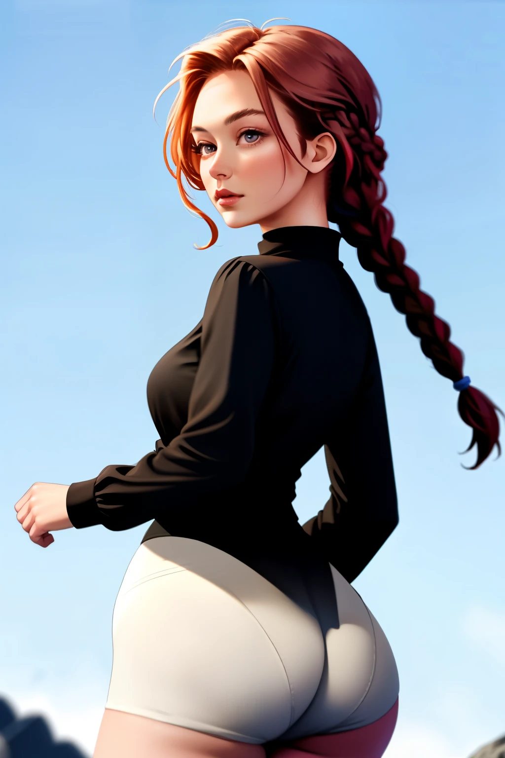 uma mulher, cabelo ruivo, cabelo super longo, olhos azuis, bunda grande., braid, wide shot, UHD, high quality, high details, best quality, highres, 8k