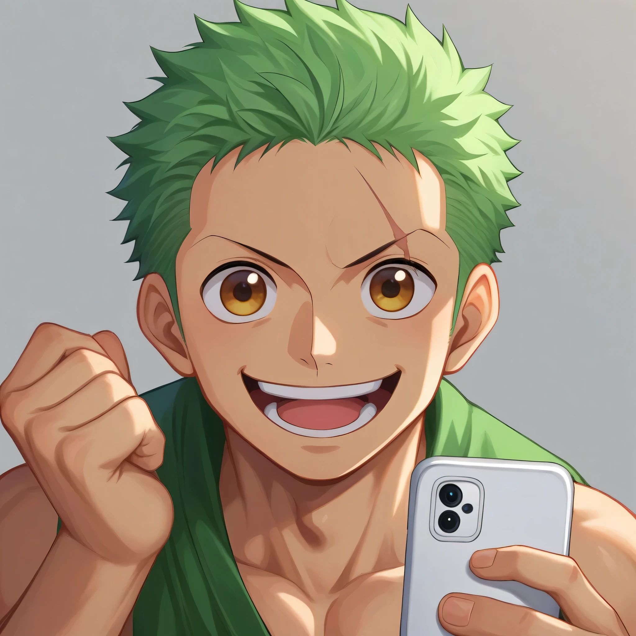score_9, score_8_up, score_7_up, source_anime, 1boy, one piece, zoro, green hair, scar over left eye, 10 year old zoro, ???, young, , funny, cute, one person only PIC , selfi, profile pic, front view, zoro as ??? version, he is smiling funny look, happy boy, front view mode, mouth open laughing, no ornnament in body, so cute.. Too much laughing, happy, funny boy, phone selfi llook, crazy look, no cap, no gold
