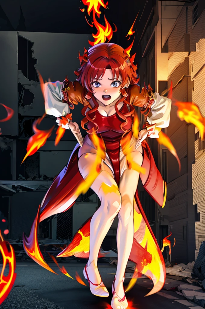 1 person、Hot Ghost Biker with Curly Red Hair、(Bow-legged)、Desperate Face、((Flame-filled hands))、((Exploding building)),