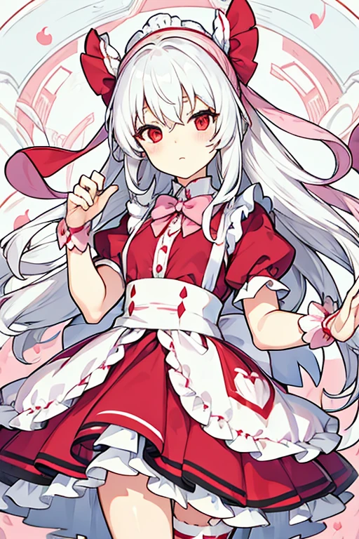 women, long white hair, Red eyes, pink headband with a pink bow, maid costume
