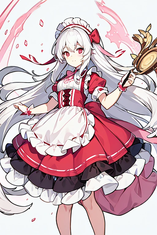 women, long white hair, Red eyes, pink headband with a pink bow, maid costume