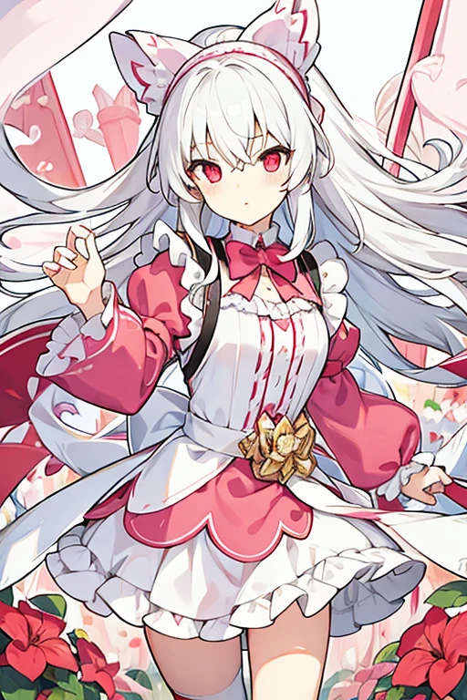women, long white hair, Red eyes, pink headband with a pink bow, maid costume