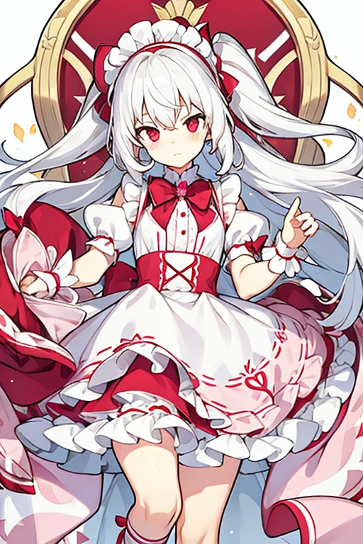 women, long white hair, Red eyes, pink headband with a pink bow, maid costume