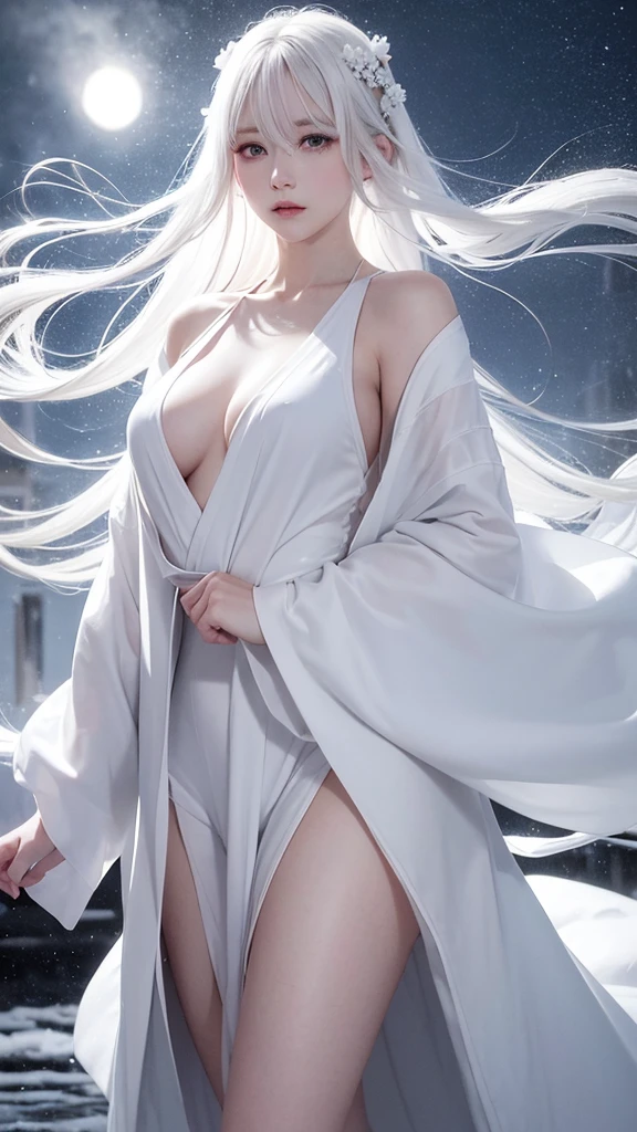 Delicate and dainty young woman with long glossy white hair. She is wearing a white only short thigh-baring kimono. The background is a fantastic and ethereal night sky with a heavy snowstorm. Her expression is stern and atmospheric. Strong winds.