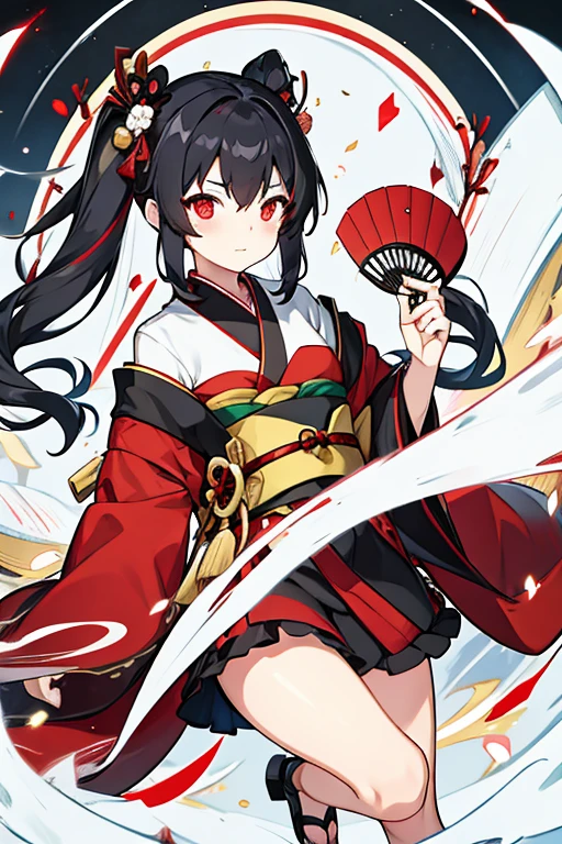 women, hair in two small black pigtails, red bow in hair, Red eyes, white and red kimono, with a fan 