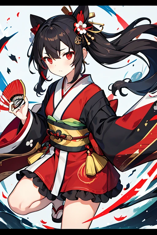 women, hair in two small black pigtails, red bow in hair, Red eyes, white and red kimono, with a fan 