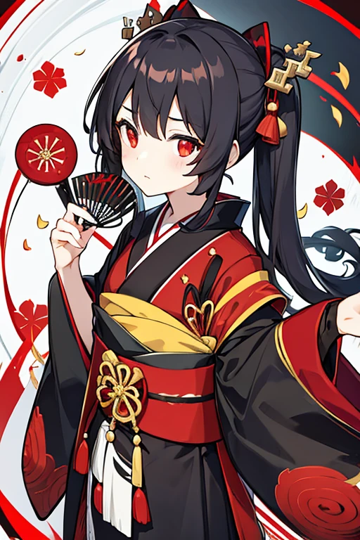 women, hair in two small black pigtails, red bow in hair, Red eyes, white and red kimono, with a fan