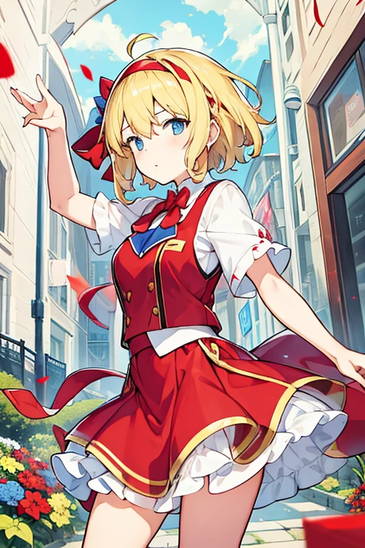 women, semi short blonde hair, red headband, blue eyes, White shirt, Red Waistcoat, white and red skirt