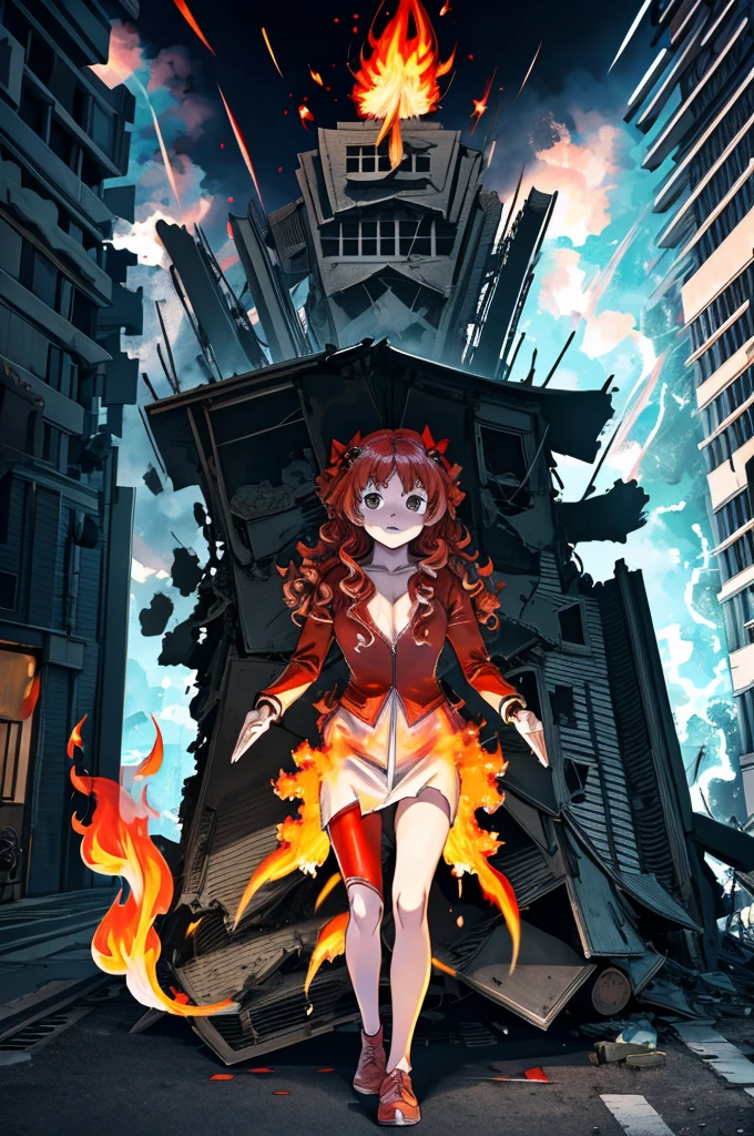 1 person、Hot Ghost Biker with Curly Red Hair、(Bow-legged)、Desperate Face、((Flame-filled hands))、((Exploding building)),