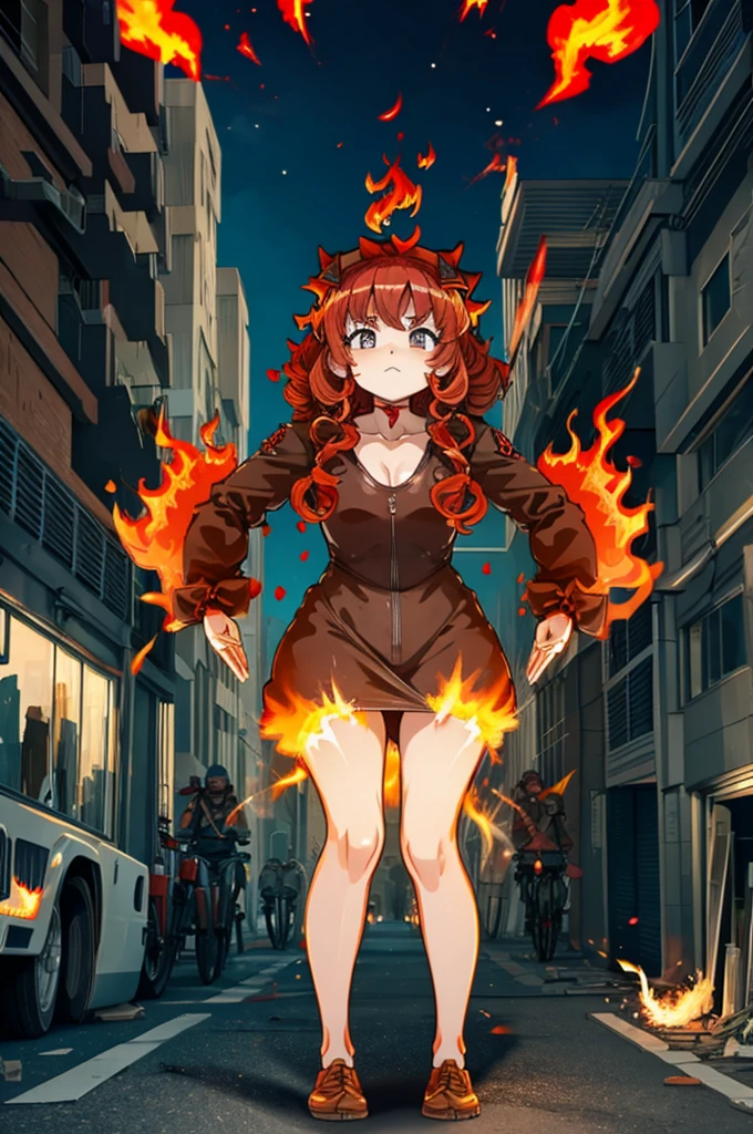 1 person、Hot Ghost Biker with Curly Red Hair、(Bow-legged)、Desperate Face、((Flame-filled hands))、((Exploding building)),