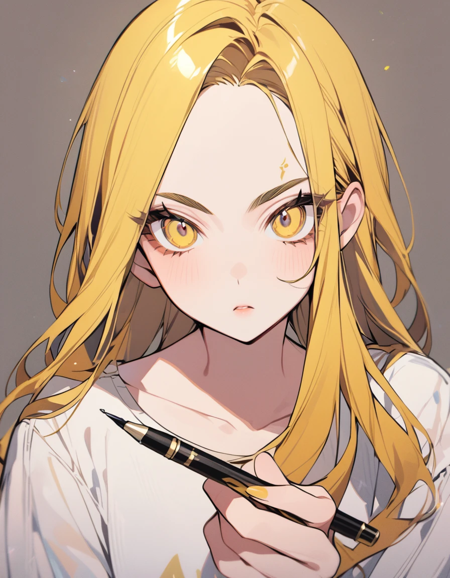 Woman with dyed yellow hair, She is an eyebrow designer and is holding a pen