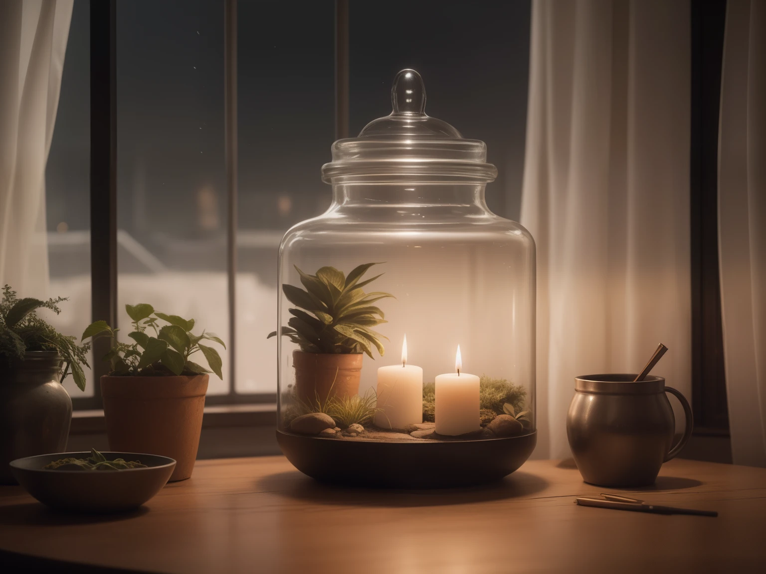 Realism (masterpiece:1.3) Close-up of exquisite glass jars on the desktop（transparent：1.4），Beautiful lid，精美Terrarium（Terrarium：1.4），A light elf in a jar，Shooting the main body of the jar (high quality:1.1)The magician's room，Table candle emits faint light，Ancient designs on the desktop，The background is dark，The room is dimly lit，Bright moonlight outside the window at night，photography(best quality:1.2)masterpiece, best quality, Intricate details, volume lighting, Epic creation, Ultra Detailed, Surreal, Clear focus, Octane Rendering, volume, Ray Tracing, Awe, Mist, 4K,