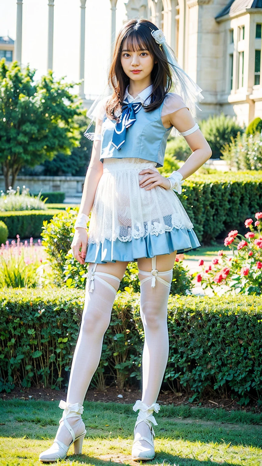 ( highest quality、8k、masterpiece: 1.1 )、( A woman is lying in the center of a very beautiful colorful flower field、Beautiful flowers are spreading around you。Please make the woman's expression a cute smile.。In the background of the flower garden、Blue skies and beautiful scenery spread out : 1.3 )、( Beautiful delicate very high quality deep background )、beautiful woman with perfect figure: 1.4、full body shot、Glossy skin、Highly detailed face and skin texture,、fine eyes、 double eyelid、long slender legs、brown hair、hair tied loosely。She is wearing cute light yellow lingerie.。white garter stockings。
