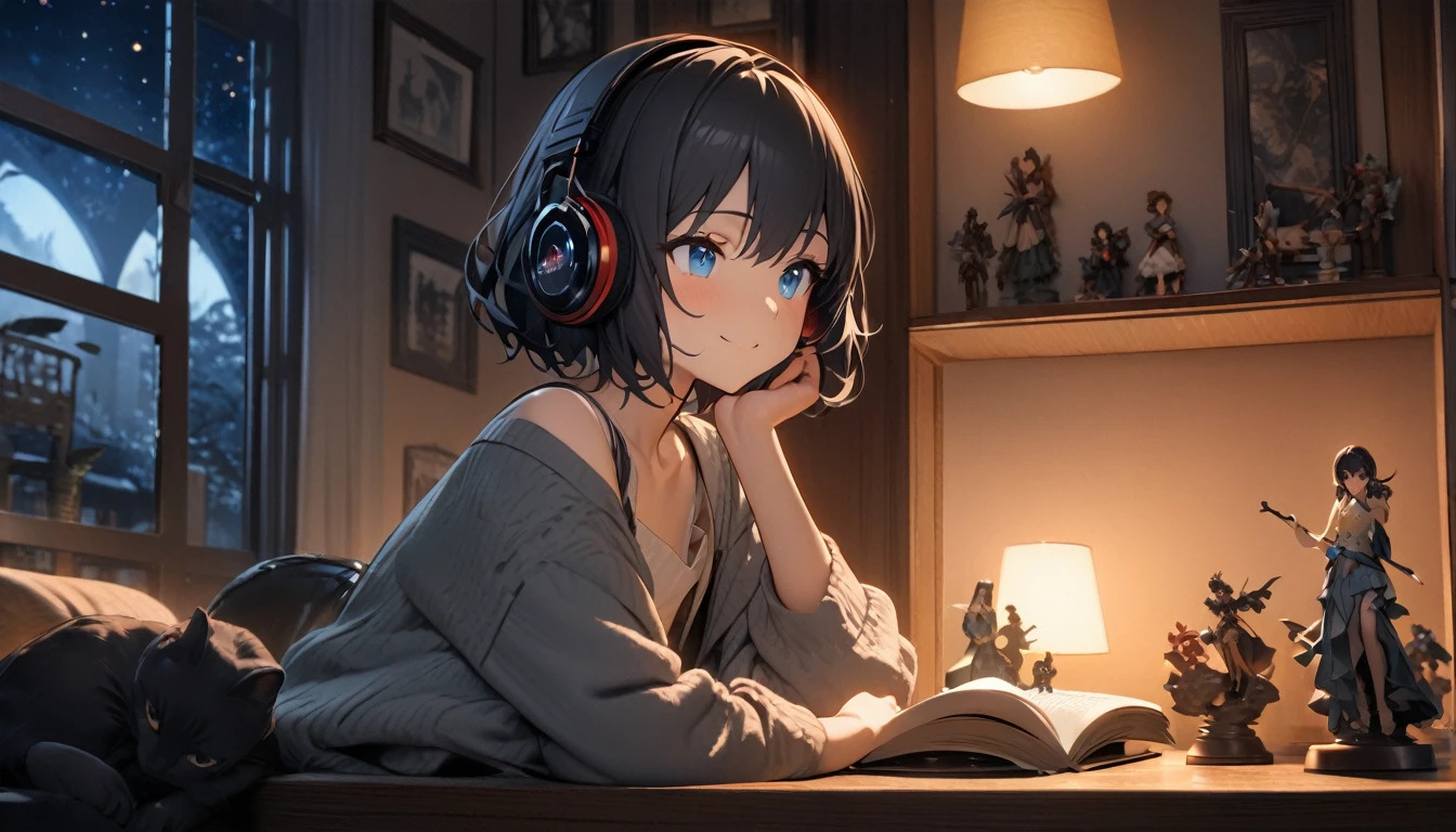 One girl, alone, While reading a book,She has a sweet smile and a flat chest., short hair, blue eyes, (detailed eyes), Black Hair, Upper Body, ((masterpiece, figure, Highest quality)) ((Highest quality)), ((masterpiece)), (detailed), Beautiful girl sitting on a sofa listening to music on headphones and looking outside,With black cat,On the windowsill at night,The room is turned off,In the stars and moonlight,Fantasy
