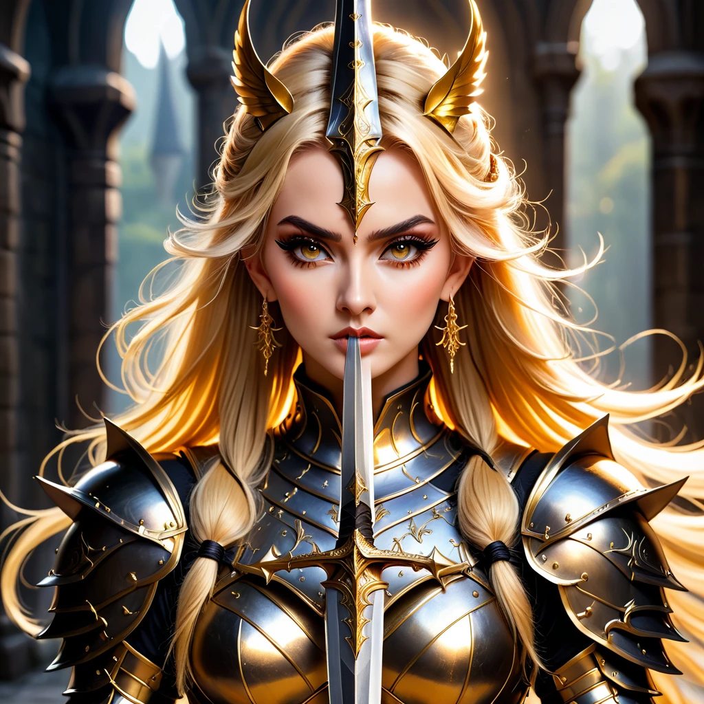 Beautiful Blonde Girl and with Long Golden Sharped Sword with a Beautiful Blonde Long Ponytail Hair wearing a Winged Helm and wearing a Witch Chestplate Armor with Jewelry Earrings with gloves with Makeup with the Best Quality with High Details with Textured Skin as a Masterpiece in a High Resolution in 8K Quality, proud pose with long golden sharped sword with her two hands, fierce expression, swordup