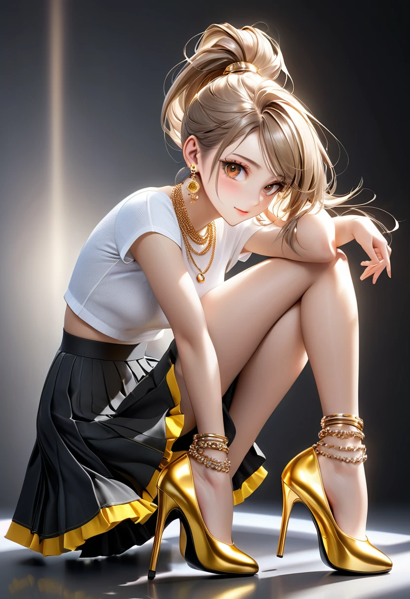 a beautiful woman, hazelnut eyes, tight ponytail, athletic build, skirt, high heels, diamond earrings, gold bracelets, delicate gold necklace, (best quality,4k,8k,highres,masterpiece:1.2),ultra-detailed,(realistic,photorealistic,photo-realistic:1.37),studio lighting,physically-based rendering,extreme detail description,vivid colors,portrait