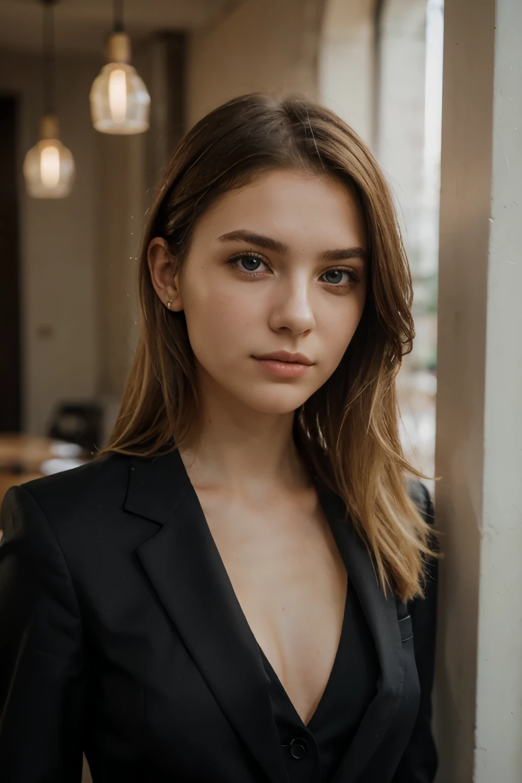 Portrait of a European girl,alone,20 yo,Beautiful face,upper body,hair on one eye,Medium side cut, blonde hair, Sharp focus,black business suit