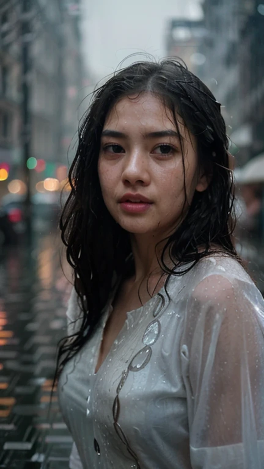 (best quality,8k,ultra-detailed,high-resolution,realistic,photorealistic:1.2),a girl in the rain, Asian woman seeking shelter, beautiful detailed eyes, beautiful detailed lips, long eyelashes, detailed facial features, intense emotion, raindrops falling on her face, wet hair, drizzling background, dim street lights, soaked clothes, photographs, realistic paintings, illustrations, raindrops falling on her face, wet hair, soaked dress, blurry background to indicate a scene of drizzling rain, rainy day, metropolis, dim and soft lighting effects