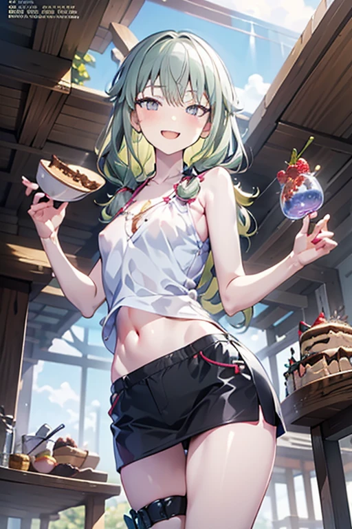 (small breasts:1.2), (perky chest:1.2), (pointed chest:1.2), (Pudding cake magazine cover:1.3),(from below:1.0),(shoot from the side:1.1),masterpiece, 1girl, Amazing Cleavage:1.1, thin waist, optimum,tmasterpiece,hight resolution,best qualtiy,hyper HD,super detailing,awardwinning,a 18yo cute girl,(The upper part of the body),anatomy correct,Beautiful Black miniskirt,garters,Gaze,Small face,bangss,holster,Beautuful Women,hands up,leg holster,Gaze,black boots,Cowboy Shot,cute face,a blond,Longhaire,Twin-tailed,Braids, Hairline,(scarlet eyes),long eyelasher,Hanging eye corners,White skin of the, ((see through camisole:1.1)), ((Sheer nipples:1.0)),Rocket ,(Slim body),smile,seductive weak smiling,(with sparkling eyes and a contagious smile),little open mouth, Looking at Viewer,