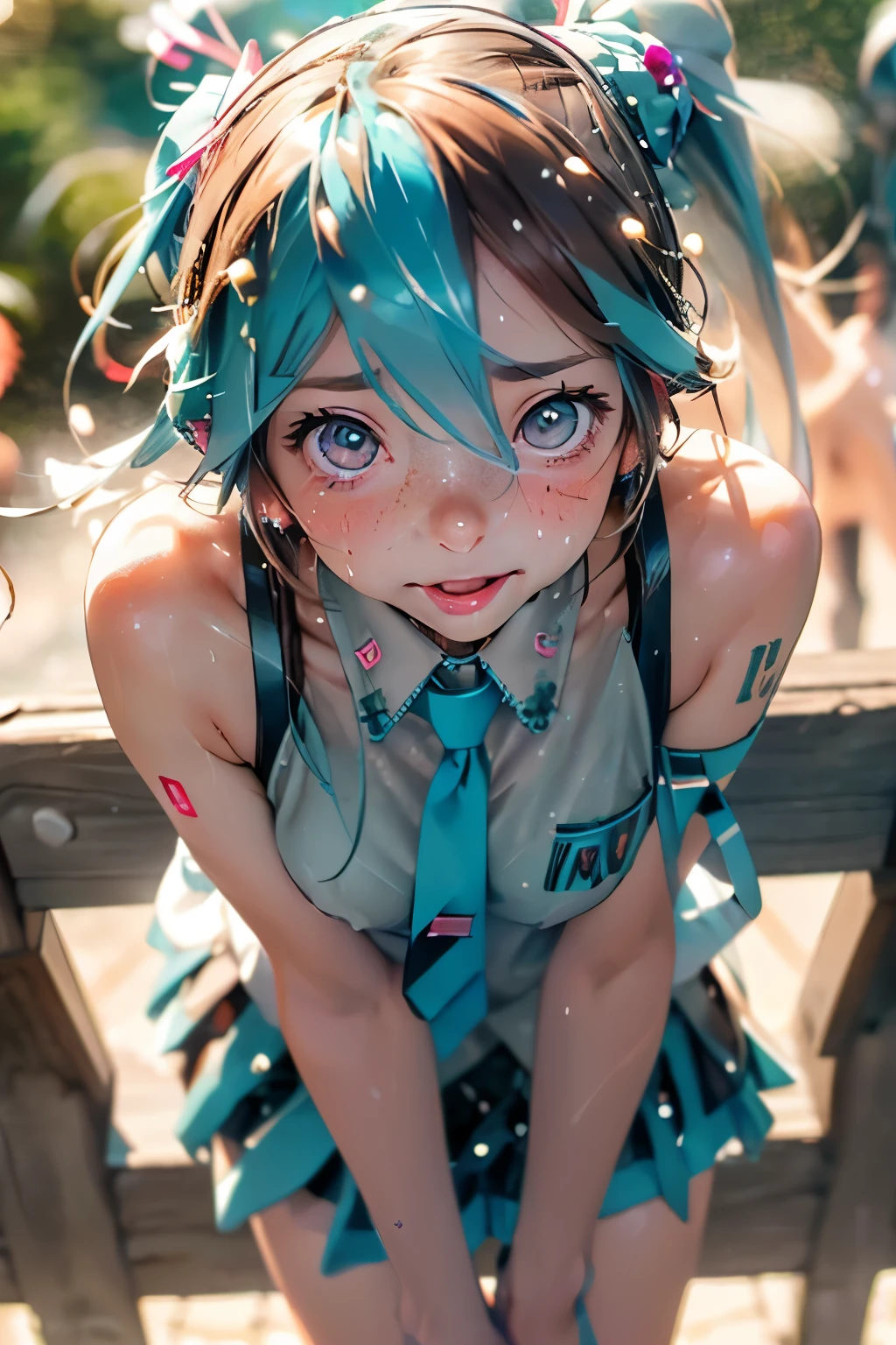 ((Perfect Anatomy)), (Pull up your very short miniskirt by yourself: 1.3), ((big: 1.4)), screen, Watery eye, awkward, (Sperm spilled: 1.5), A woman blushing, ((A girl comes out holding a rope, A bell is attached to the tip)), ((wonderful)), ((masterpiece)), Cute adult woman, Pretty face, Realistic body, Realistic eyes, perspective, white knee high shoes, Panty shot,, Wet tongue, Spread your legs, Under the chest, (Smooth, glowing skin, sweating: 1.4), ((((Bokeh of other characters: 1.5)))),, ((Bokeh: 1.5) ), thin and long, (Brown Hair), (hatsune miku:1.5), (Racing to the future),Beautiful breasts、巨big 的乳房:1.4，Ample breasts