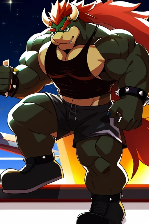 Muscular Bowser, furry, Long hair, black open cut sleeveless gym shirt, shorts negros 