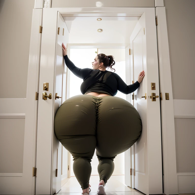 masterpiece, 1 british girl behind a doorway, from behind, (doorstuck, stuckback:1.3), ssbbw ,huge wide hips, round belly, thick thighs, giant butt,colorful clothing, wearing a olive green pirate costume with pants, upset, desperately trying to wiggle through, she tries to free herself but she won't budge, she is stuck tight view from above, she is too wide, the doorway is quite narrow too, she kicks her legs furiously, trying to wiggle her hips through the small door, but its no good, the door is too small, she keeps trying to squeeze through with frustration, she is stuck too tight
