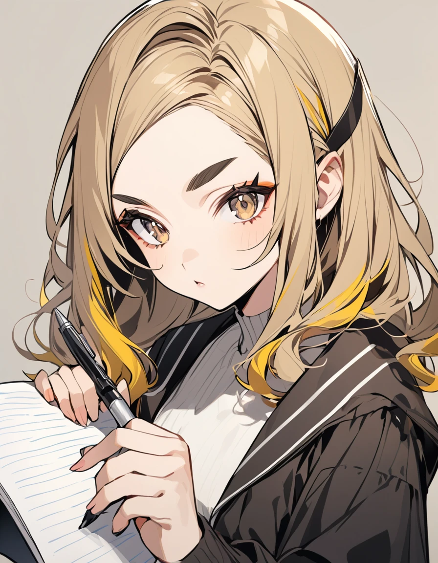 Woman with dyed black and yellow hair, hair highlights, She is an eyebrow designer and is holding a pen, light brown brown eyes