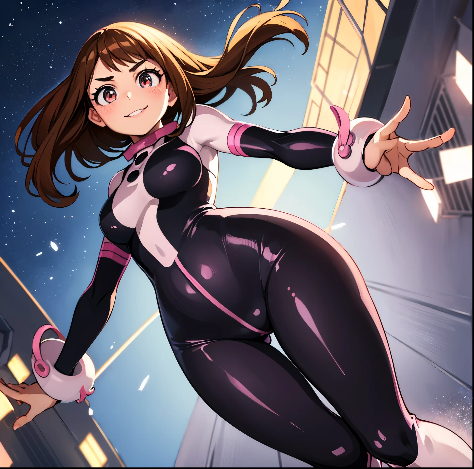 ((1girl)),((alone)),ochako uraraka,(masterpiece), (best quality), (ultra detailed), (best illustration), (best shadow), (absurdities), sharp focus, cowboy shot , dynamic posture looking at the viewer, big breasts, narrow waist, wide hips, wide thighs, round butt, erotic, romantic, (very detailed eyes, lips 1.1), very detailed eyes, eyes, Very detailed face, Very beautiful face, height full, beautiful slim figure, femininity, expressive appearance, elastic big breasts, sexuality, brown eyes, bright lips, brown hair, shiny skin,((superhero costume)),(((pink and black bodysuit, tight bodysuit))) , Pink protector, Pink boots, pink wristbands, defined body, Perfect and beautiful body, perfect and beautiful, closed mouth, smile, happy smile, blushing, (sexy pose: 1.2), ((only)), standing: 1.3, outside , cityscape,streets, city,night, dark city,city lights,,looking forward,((focus on hips)), point of view:(from below), perfect anatomy, perfect hands