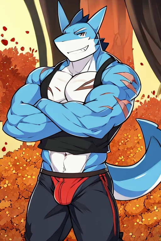 Muscular blue shark, pollen, with scars, black open cut sleeveless shirt, red underwear