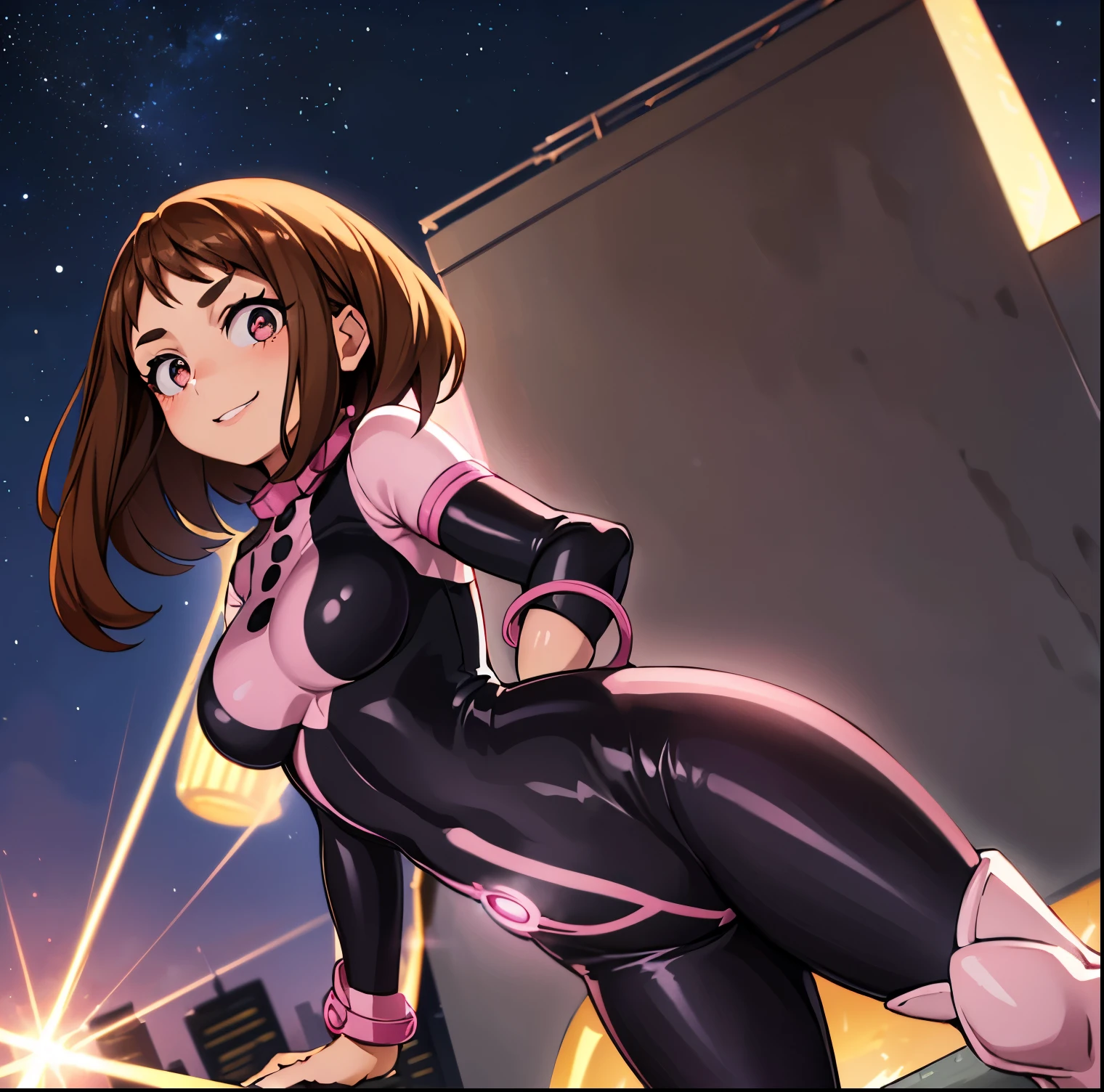 ((1girl)),((alone)),ochako uraraka,(masterpiece), (best quality), (ultra detailed), (best illustration), (best shadow), (absurdities), sharp focus, cowboy shot , dynamic posture looking at the viewer, big breasts, narrow waist, wide hips, wide thighs, round butt, erotic, romantic, (very detailed eyes, lips 1.1), very detailed eyes, eyes, Very detailed face, Very beautiful face, height full, beautiful slim figure, femininity, expressive appearance, elastic big breasts, sexuality, brown eyes, bright lips, brown hair, medium hair, shiny skin,((superhero costume)),(((pink and black bodysuit, tight bodysuit ))), Pink protector, Pink boots, pink wristbands, defined body, Perfect and beautiful body, perfect and beautiful, closed mouth, smile, happy smile, blushing, (sexy pose: 1.2), ((solo)), standing: 1.3, exterior, cityscape, streets, city, night, dark city, city lights, looking forward, ((focus on hips)), point of view: (from below), perfect anatomy, perfect hands