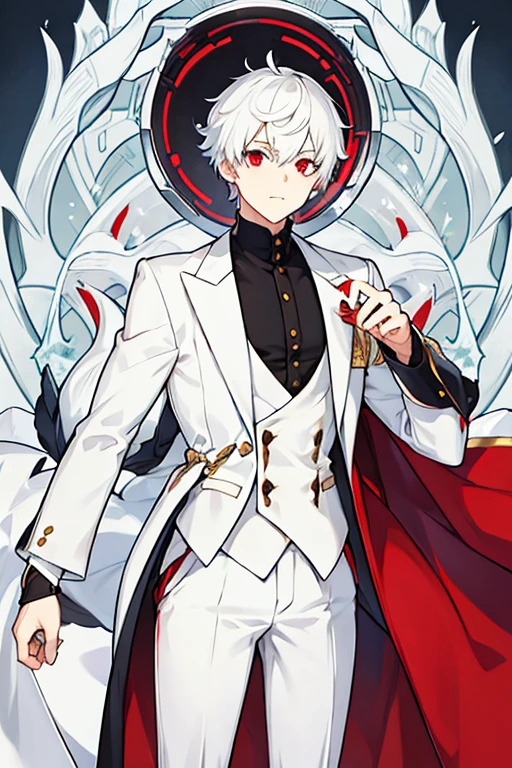 man, short white hair, Red eyes, White suit