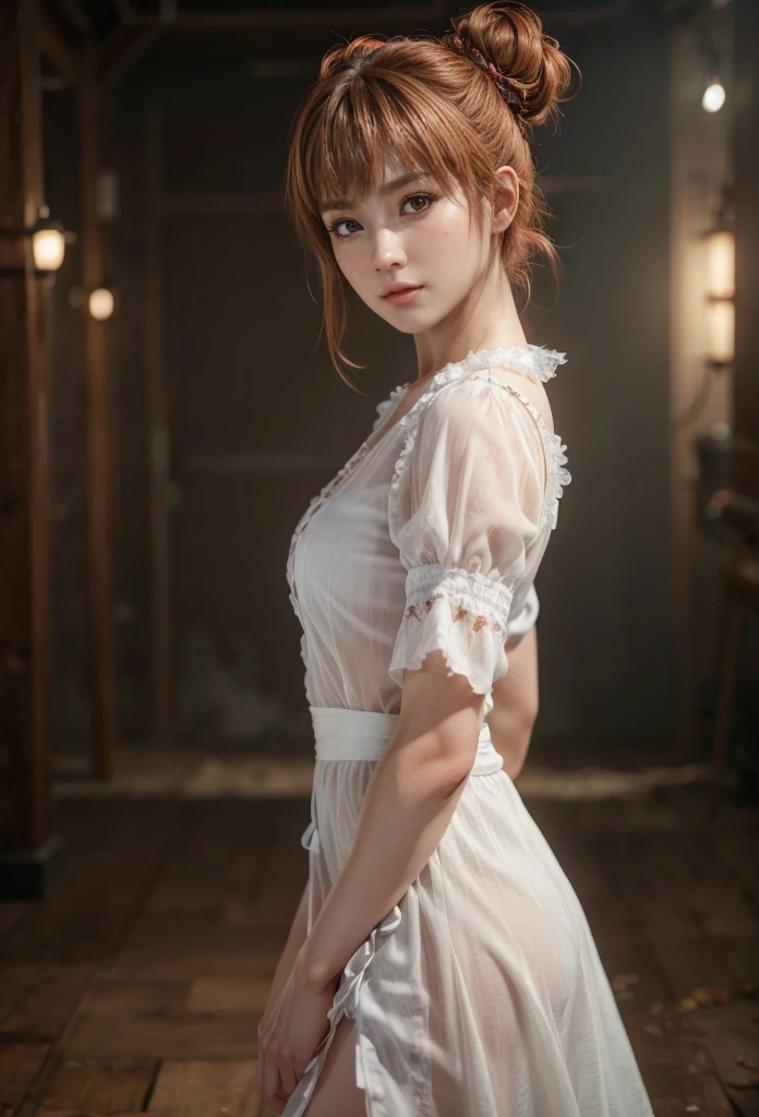 Kasumi, brown eyes, (best quality, ultra detail), (realistic:1.37), beautiful and detailed face, ultra-realistic texture, Delicate face, delicate body, red lipstick, bright colors. high definition, 8K. very serious expression and penetrating gauze