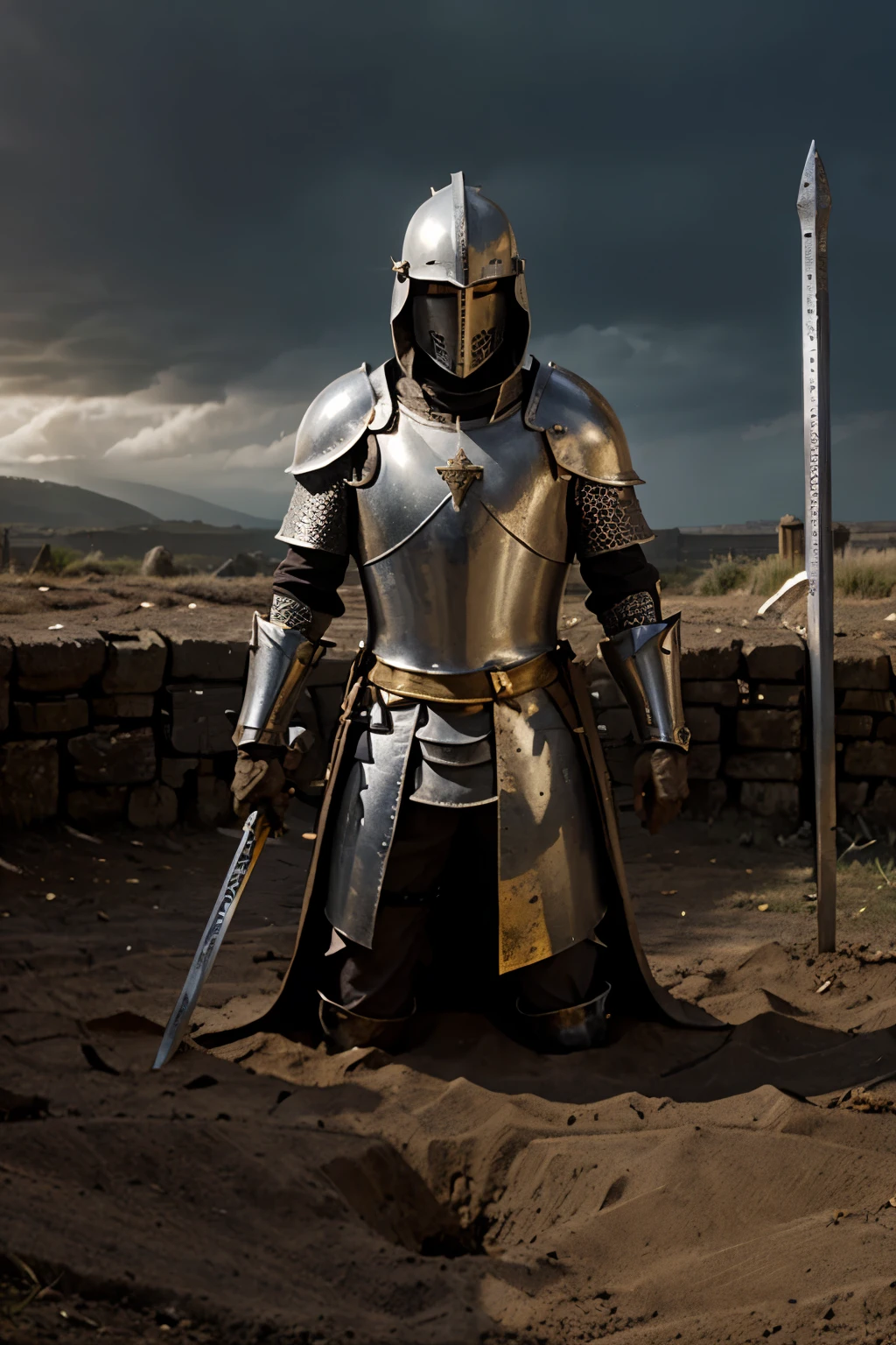 Crusader knight from the Middle Ages, a sword stuck into the ground in front of a knight, both hands on a sword stuck in the ground, detailing, beautiful armor with gold elements that completely covers the body, armor stained with blood and soil, very small number of rays of light falling on the knight through very dark clouds